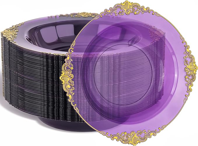 Nervure 50PCS Purple Plastic Bowls with Gold Rim 12oz Disposable Soup Bowls