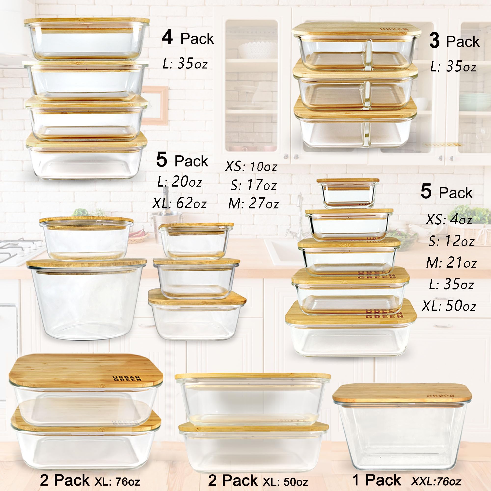 Urban Green Glass Container with Bamboo Lid, 2 Pack of 50oz, Large Glass food storage Container with Lids, Meal Prep Containers Set of 2