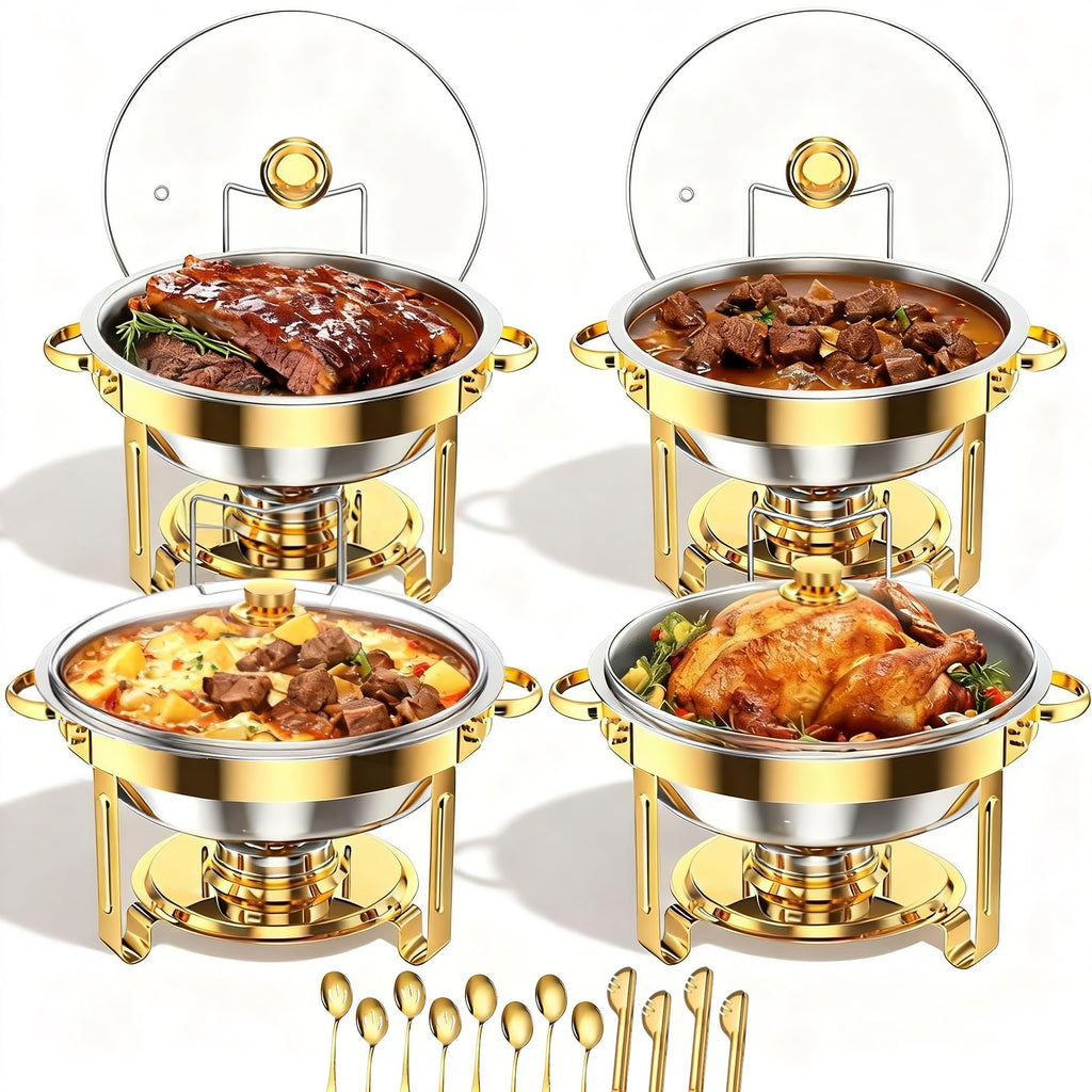 EffiQ-Rate 5QT Round Chafing Dishes for Buffet, Gold, 4 Pack