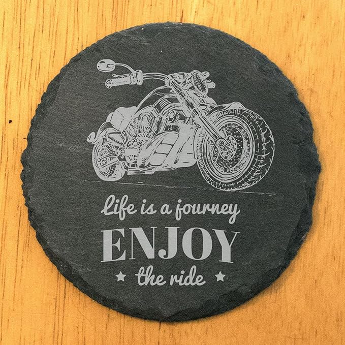 Engraved Enjoy The Ride Slate Coasters Set of 4 – Round – Made in USA