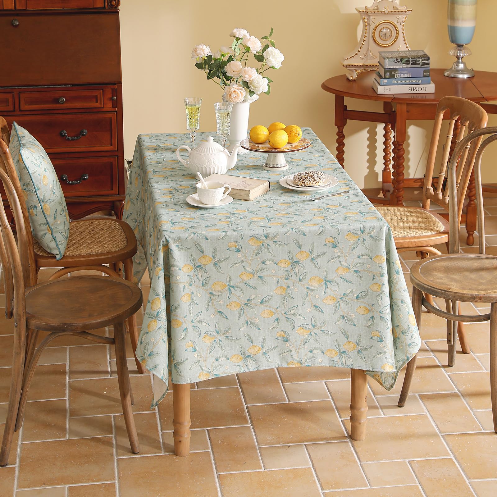 patdrea Designer Linen Green Long Tablecloth for Rectangle Table,Vintage Breathable Yellow Fruits Pattern Table Cloth,Decor Cover for Kitchen Dining,Christmas,Thanksgiving,Party,63"x102"-Ania a