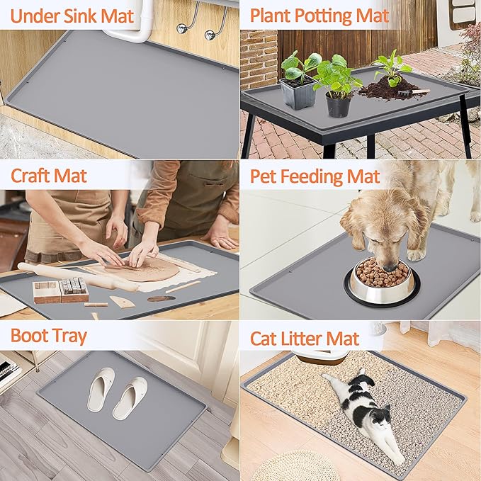 Silicone Coffee Maker Mat with Lip for Countertops, 19.7'' x 15'', Grey