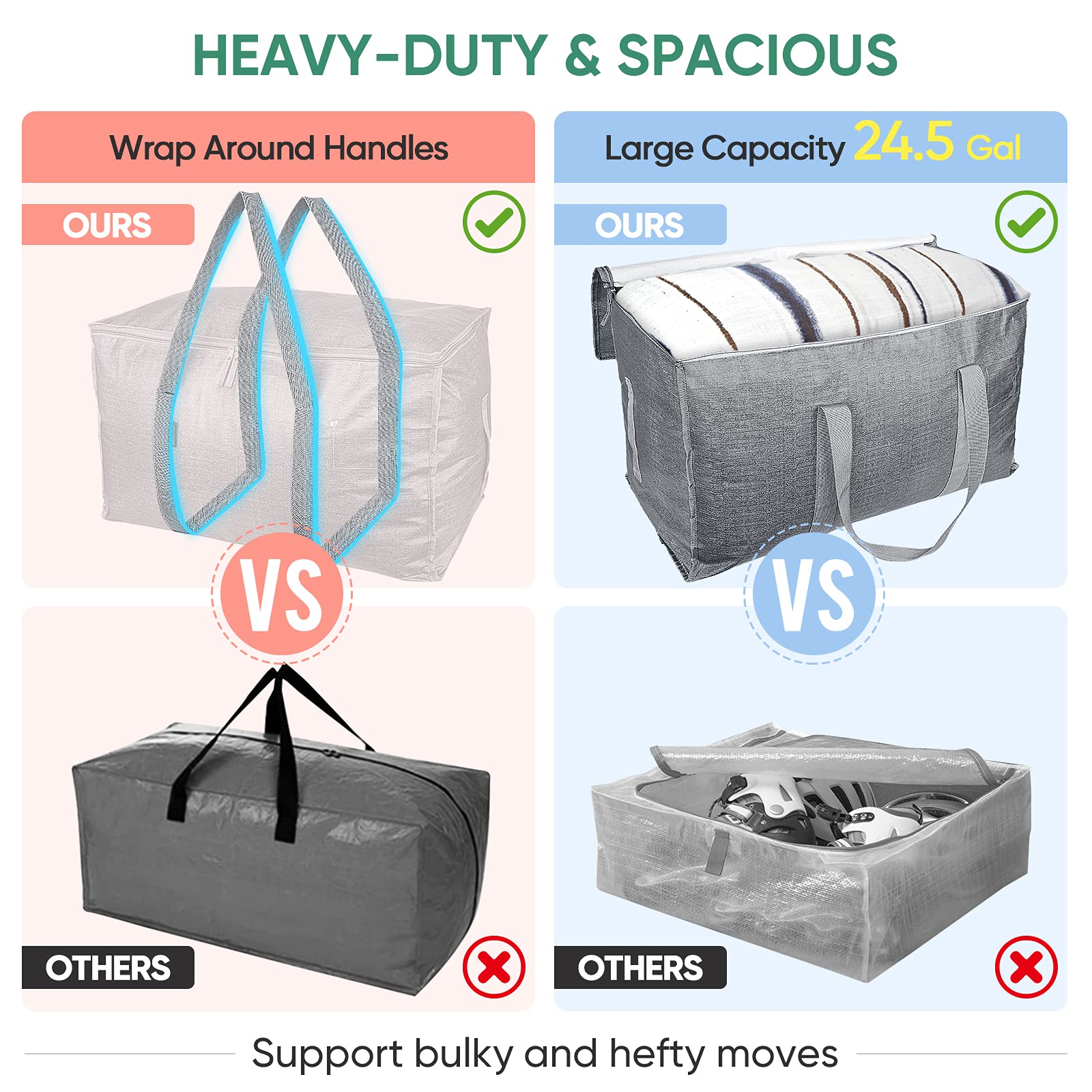 BALEINE 2-Pack Oversized Moving Bags with Reinforced Handles, Heavy-Duty Storage Tote for Clothes, Moving Supplies (Winter Grey, 2-Pack)