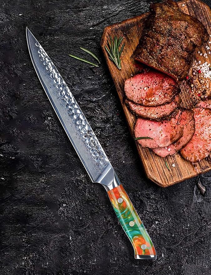 SANMUZUO 9 Inch Carving Knife, Slicing Knife - Hammered Damascus Steel & Resin Handle - Yao Series