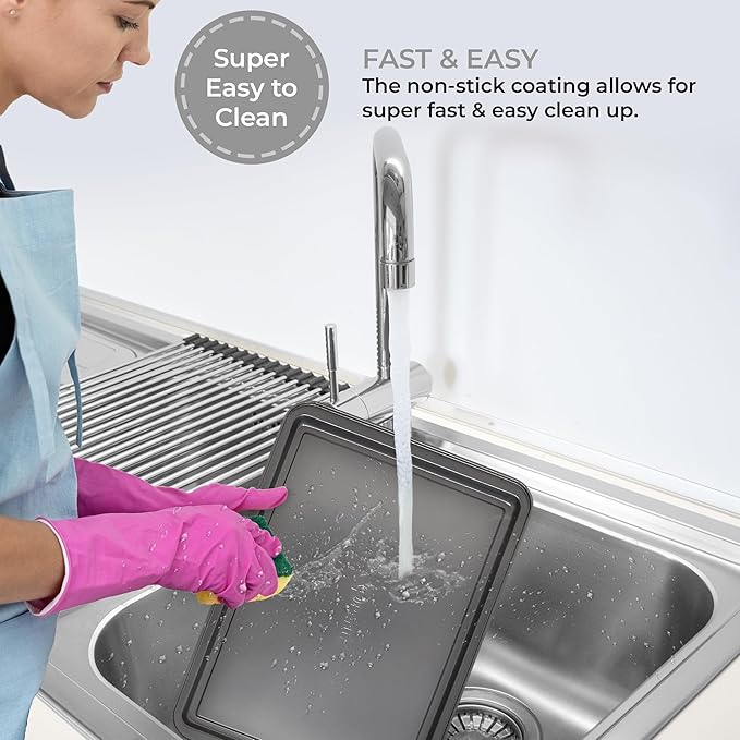 PERLLI Non-Stick 3-Piece Baking Pan Set – Carbon Steel with Even Heat Distribution, Oven Safe to 446°F, BPA-Free, Dishwasher Safe, Stackable Baking Tools for Easy Storage and Everyday Cooking - Gray