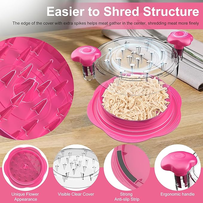 Chicken Shredder Tool Twist Large Meat Shredder with Brush&Fork, Hot Pink