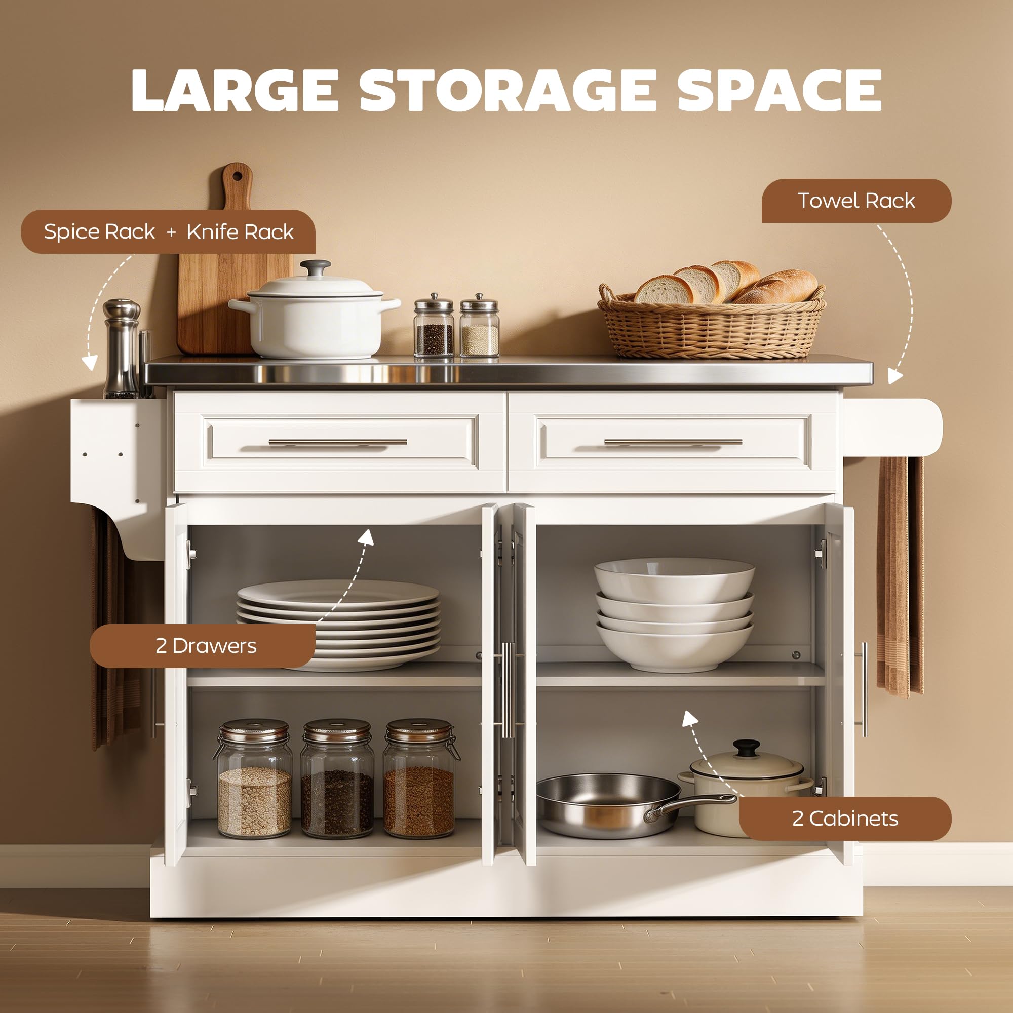 HOMCOM Rolling Kitchen Island Cart with 47" Stainless Steel Top White