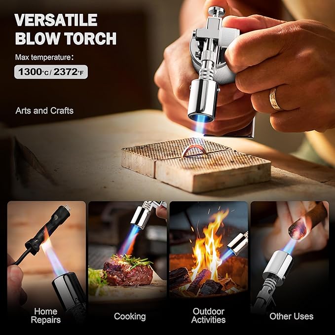 RAVS Butane Torch Lighter Refillable, White Kitchen Torch with Adjustable Flame, Premium Metal Creme Brulee Torch for Baking, Welding, Cooking Torch Butane Not Included