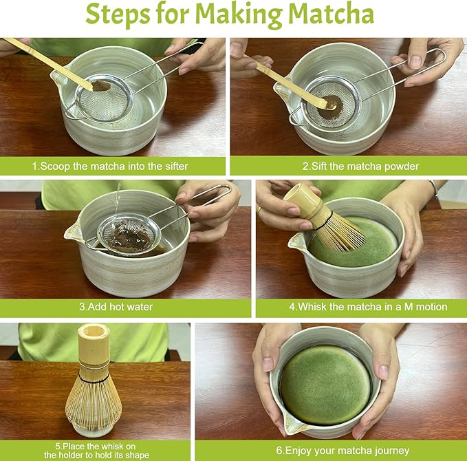 GEXHSRGD Matcha Whisk Set 6 pc Kit - Traditional Japanese Chasen, Bamboo Whisk Holder, Ceramic Bowl with Spout, Sifter & 2 pc Spoons - matcha kit set, Gift for Matcha Tea Lovers(Gray)