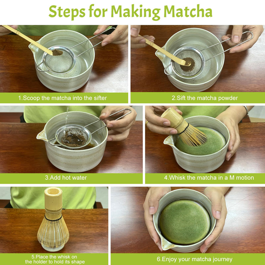 GEXHSRGD Matcha Whisk Set 6 pc Kit - Traditional Japanese Chasen, Bamboo Whisk Holder, Ceramic Bowl with Spout, Sifter & 2 pc Spoons - matcha kit set, Gift for Matcha Tea Lovers(Gray)