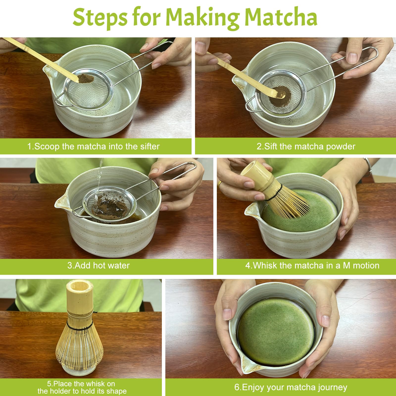 GEXHSRGD Matcha Whisk Set 6 pc Kit - Traditional Japanese Chasen, Bamboo Whisk Holder, Ceramic Bowl with Spout, Sifter & 2 pc Spoons - matcha kit set, Gift for Matcha Tea Lovers(Gray)