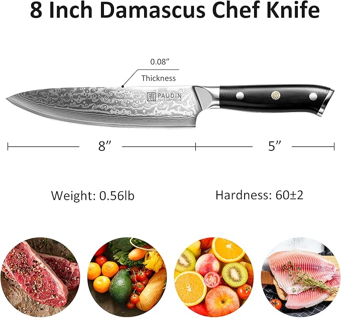 PAUDIN Chef Knife 8 Inch, Damascus Kitchen Knife with G10 Handle
