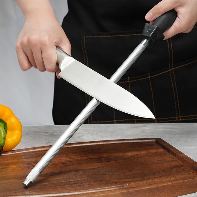12-Inch Knife Sharpening Rod, Honing Steel with 15/18/20 Degree Guides