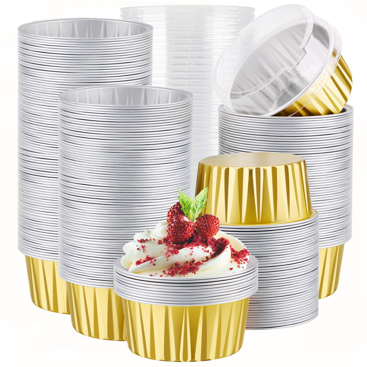 EUSOAR Cupcake Liners for Baking, 50pcs 5oz Muffin Liners, Disposable Foil Ramekins, Dessert Containers, Aluminum Foil Baking Cupcake Cups Holders Pans with Lids 5 Colors Mixed