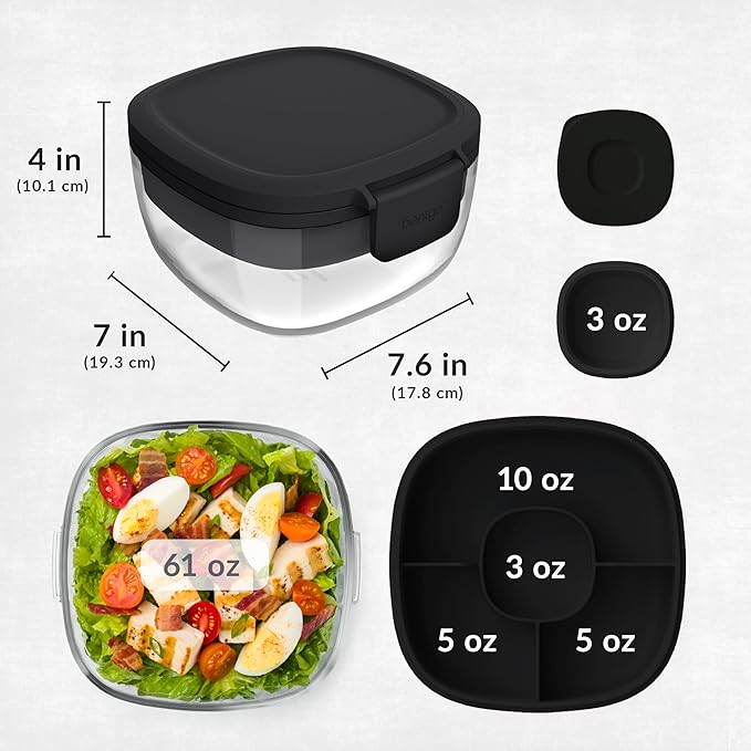 Bentgo Glass Salad Container - 7.6-Cup Salad Bowl with Airtight Lid, Leak-Proof Sauce Container, 4-Compartment Bento Tray & Reusable Fork - BPA-Free for Meal Prep, Office & More (Black Onyx)