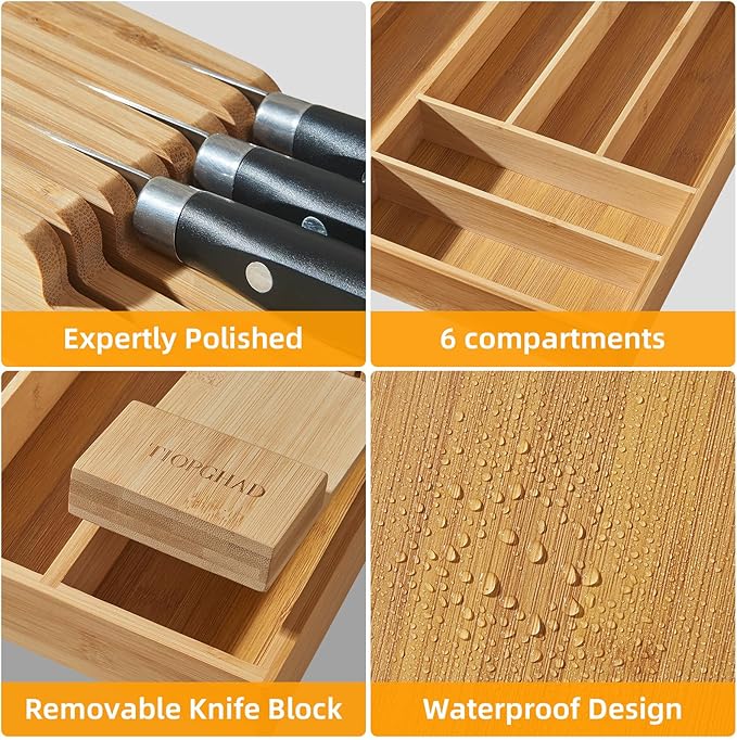 TIOPGHAD Small Bamboo Silverware Organizer Kitchen Utensil Tray, Natural