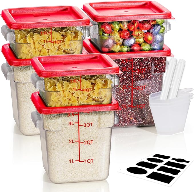 SVKLHY 2QT4QT NSF Food Storage Containers: 6PCS [Food Grade][Hot&Cold Resistant] Commercial Clear Food Storage Containers with Lids for Restaurant Kitchen Proof Dough, Measuring Spoons Included(Red)