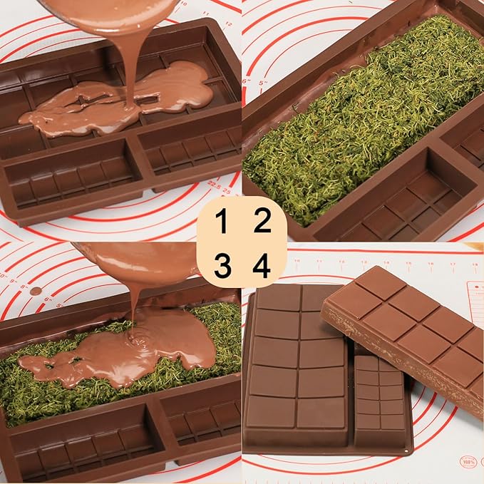 Dacthuw Chocolate Bar Mold, 1 Inch Deep Chocolate Molds Silicone for Homemade Dubai Pistachio/Candy/Snacks, 2 Pcs Large Silicone Molds with Three Bars Cavities, Food Grade and Break Apart