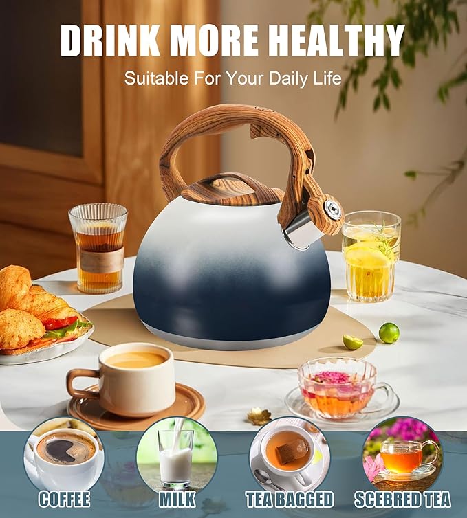 Foedo 3.2Qt Stainless Steel Whistling Tea Kettle Stovetop - Black & white