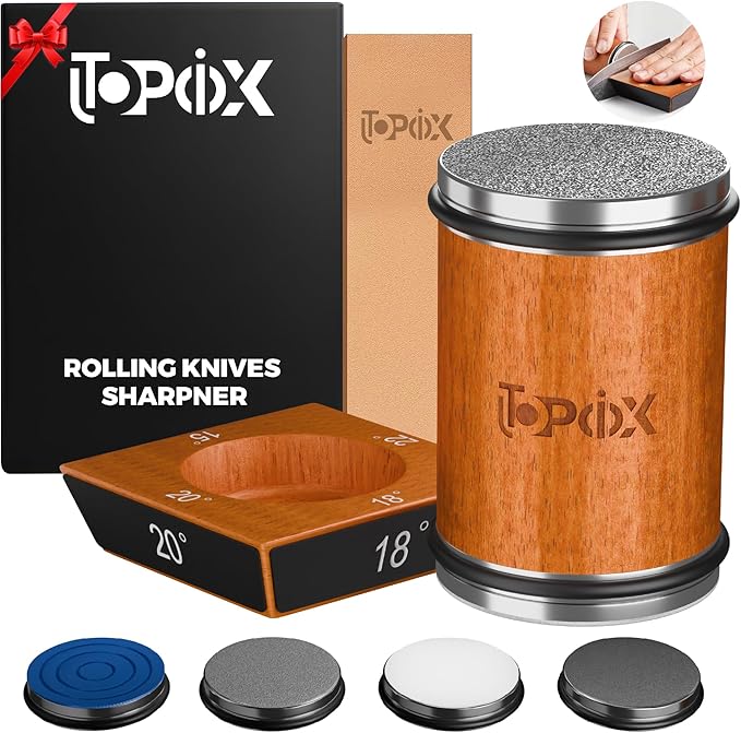 UTOPIOX Rolling Knife Sharpener Kit – 4 Angles (15°,18°,20°,22°) – Includes Diamond, Ceramic & Honing Discs with Leather Strop – Ideal for Home Cooks & Professional Chefs