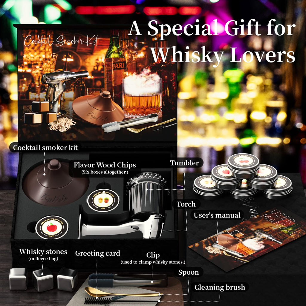 Cocktail Smoker Kit with Torch and Whiskey Glass, 6 Flavors Wood Chips and 3 Whisky Stones for Whiskey & Bourbon, Gift for Husband, Birthday Gift (No Butane), Brown