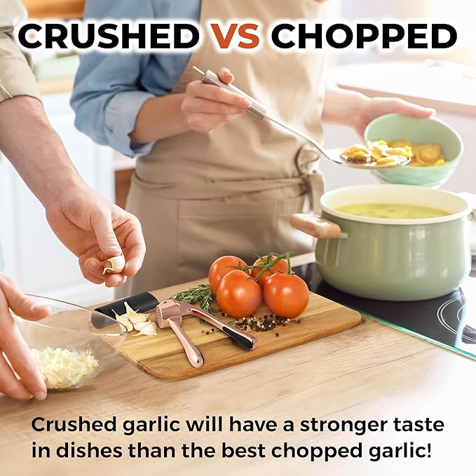 Zulay Kitchen Large Premium Garlic Press Set - Bigger Bowl for Bigger Garlic - Rust Proof Garlic Mincer Tool - Easy-Squeeze, Easy-Clean Silicone Garlic Peeler & Brush (Rose Gold)