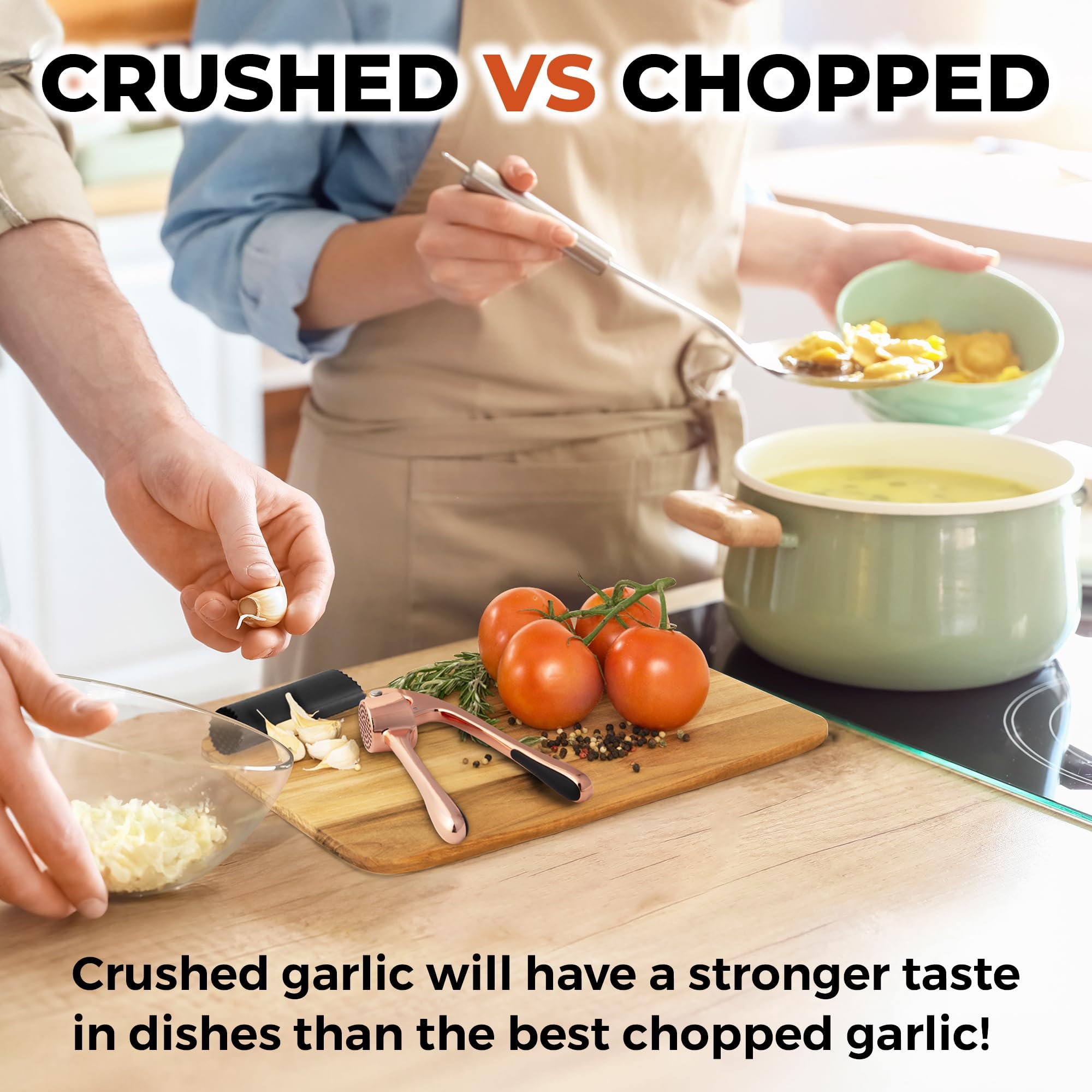Zulay Kitchen Large Premium Garlic Press Set - Bigger Bowl for Bigger Garlic - Rust Proof Garlic Mincer Tool - Easy-Squeeze, Easy-Clean Silicone Garlic Peeler & Brush (Rose Gold)