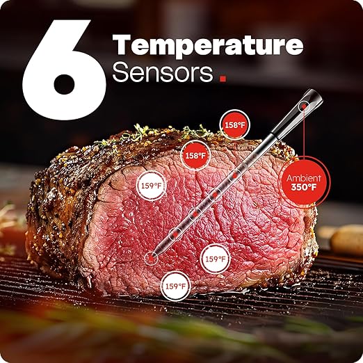Wireless Meat Thermometer 6 Sensors Accuracy Digital Food Thermometer 0.5S Instant Read, IP67 Waterproof for BBQ, Grill, Smoker, Oven, Air Fryer,Red