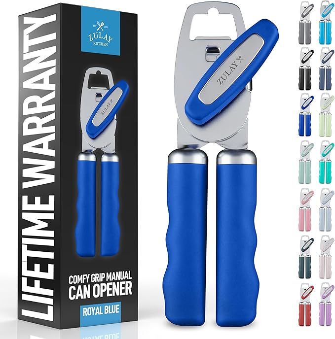 Zulay Kitchen Heavy Duty Stainless Steel Can Opener Manual with Bottle Opener - Rust Proof Manual Can Opener With Turn Knob & Comfy Soft Grip Handles - Royal Blue