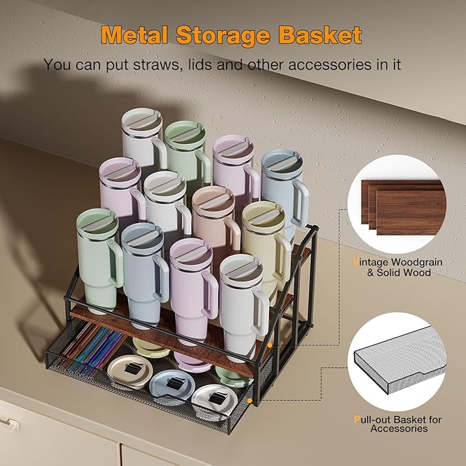 MOJOHAND 4-Tier Stanley Cup Rack with Basket for 12 Tumblers, Natural Wood