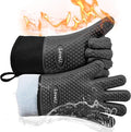 Loveuing Kitchen Oven Gloves - Dual-Layer Heat Resistant Grilling Gloves, Silicone Oven Mitts with 5 Fingers, Waterproof Non-Slip Pot Holder for Barbecue, Cooking, Baking (Small, Black Long)