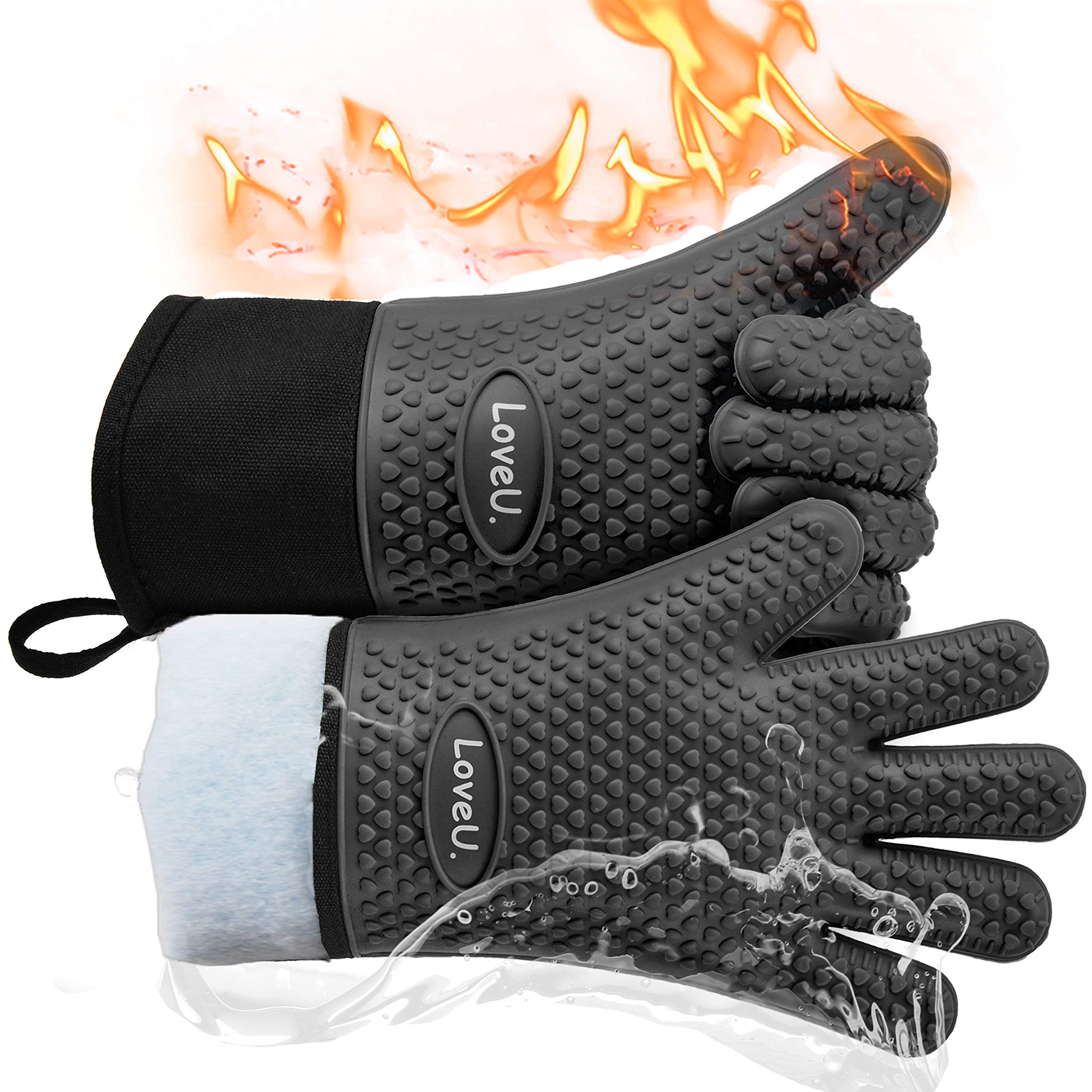 Loveuing Kitchen Oven Gloves - Dual-Layer Heat Resistant Grilling Gloves, Silicone Oven Mitts with 5 Fingers, Waterproof Non-Slip Pot Holder for Barbecue, Cooking, Baking (XL-XXXL, Black Long)