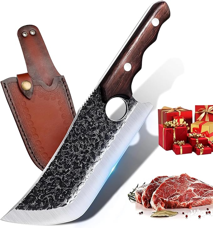 DRGSKL Hand Forged Meat Cleaver Knife with Belt Sheath and Gift Box