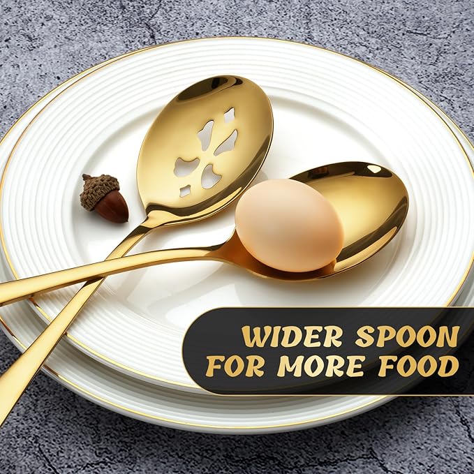 Keyoxy 6 Piece Stainless Steel Serving Spoon Set - 3 Large, 3 Slotted,Dishwasher Safe,10-Inch,Gold, for Parties/Kitchen/Buffet/Catering