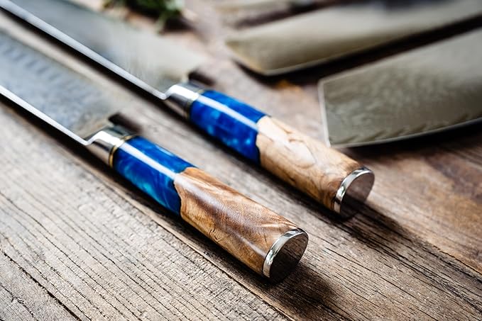 The Epicurean Cook Real Forged Damascus 8pc Japanese-Style Knife Set Blue