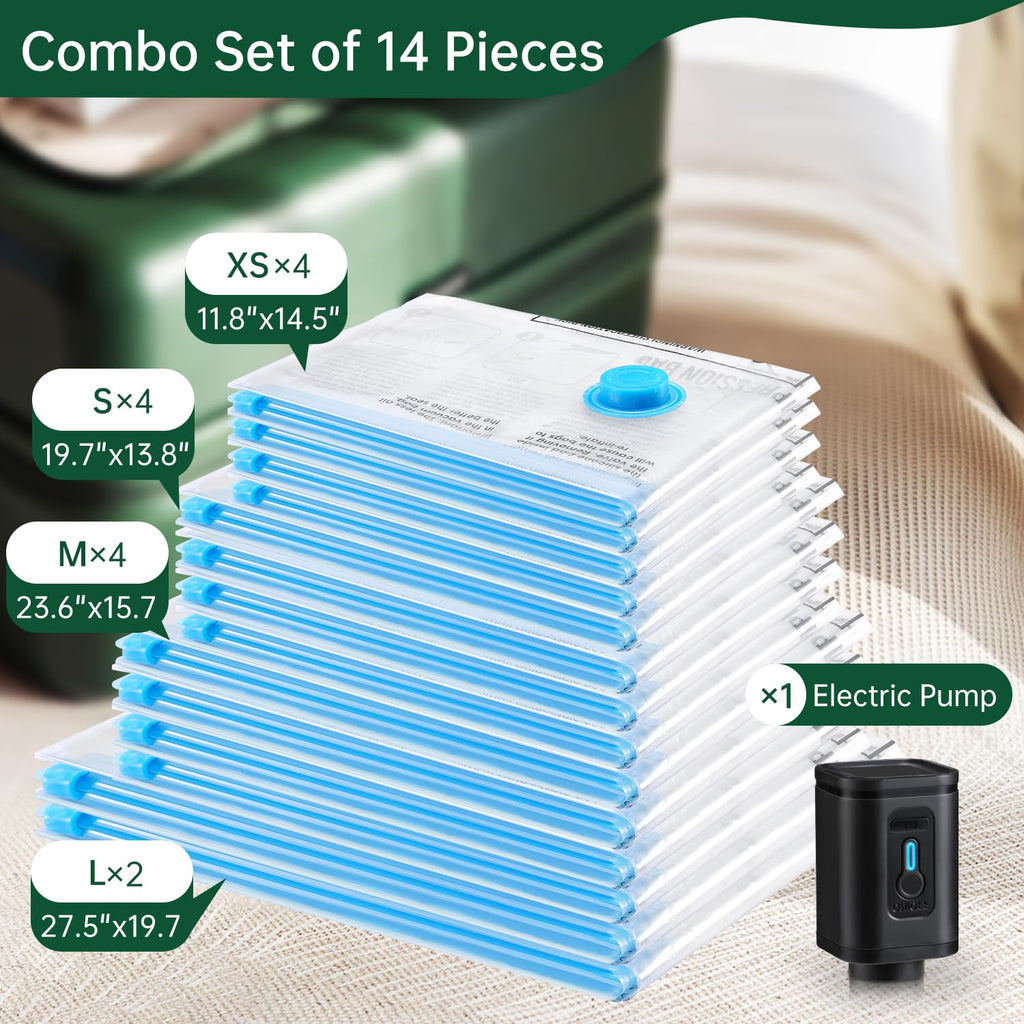 BRODI 14 Combo Pack Travel Vacuum Bags with Pump - Space Saver & Travel Essentials, Vacuum Seal Bags for Clothing and Luggage