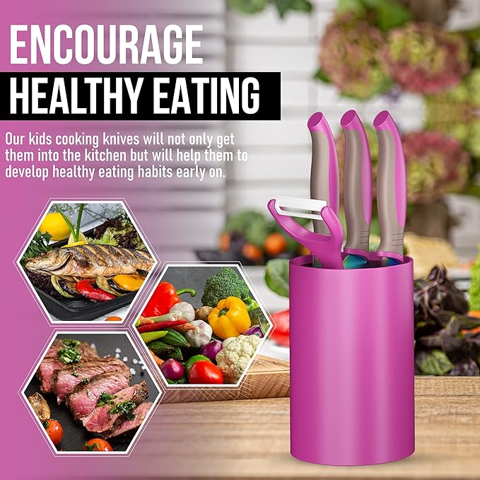 TruChef 5-Piece Kids Knife Set for Real Cooking | Stainless Steel Chef, Paring & Serrated Knives with Peeler & Holder | Safe Junior Chef Cooking Set for Kids (5 pcs, Pink)