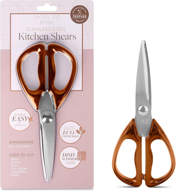 Rachel Zoe All Purpose Scissors, Scissors for Office, School or Art, Stainless Steel Sharp Shears with Large Handles, Dishwasher Safe (Brown/Silver)