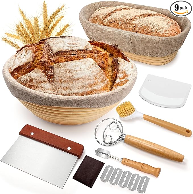Sourdough Proofing Basket Gift Set, 9" Round and 10" Oval Banneton Bread Baking Supplies, Sourdough Baskets with Bread Lame, Danish Whish, Bowl Scraper, Sourdough Scraper, and Linen Liner