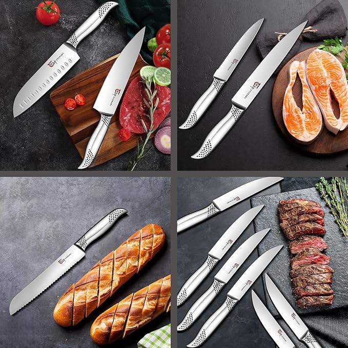 SYOKAMI Japanese Knives Set for Kitchen, Magnetic Knife Set with Block and Sharpener, Stainless Steel Knife Set as Gift for Couple, Wedding, Women or Mom with Gift Box, 14 PCS Black Dot
