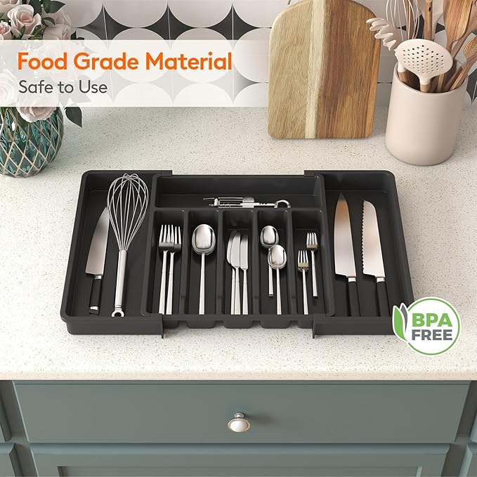 Lifewit Extra Large Silverware Drawer Organizer, Expandable Utensil Tray for Kitchen, BPA Free Flatware and Cutlery Holder, Adjustable Plastic Storage for Spoons Forks Knives, 13-22 x 15, Black