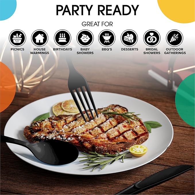 Party Solids Black Plastic Silverware Heavy Duty 300 Pieces Black Disposable Silverware Heavy Duty, Utensil Sets, 100 Of Each Forks, Knives & Spoons Disposable Cutlery Set For Party Supplies