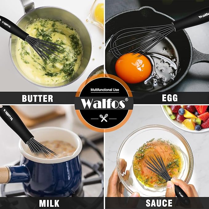 Walfos Whisk 5+7in Mini Whisk,Silicone Whisks Non Scratch Heat Resistant (480°F). Nice for stirring individual eggs and mixing small amounts of powder and sauce.Dishwasher Safe.Black