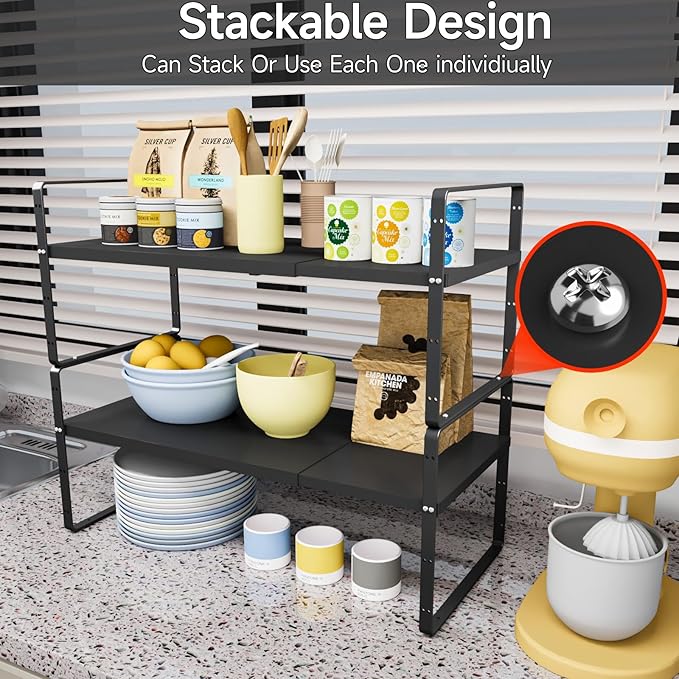 jkxoo 2pcs Expandable Cabinet Shelf Organizer, 16.5"~27''L, Black