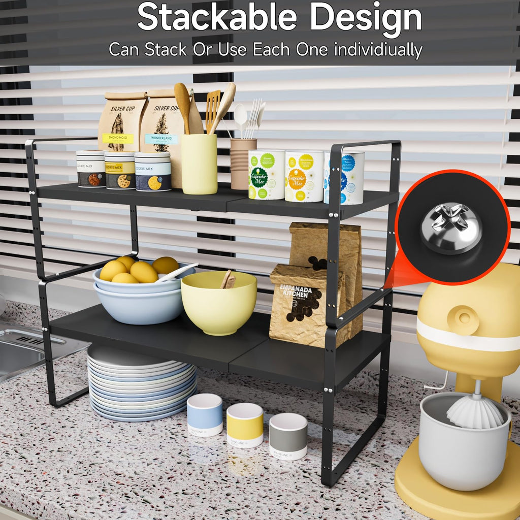 jkxoo 2pcs Expandable Cabinet Shelf Organizer, 16.5"~27''L, Black