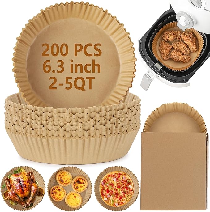 200Pcs Air Fryer Disposable Paper Liner, Round Non-Stick Air Fryer Liners Parchment Paper for Baking Roasting Microwave Oven (6.3 inch)