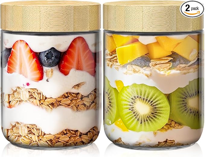 16 oz Overnight Oats Containers with Bamboo Lids, Glass Mason Jars 2 Pack
