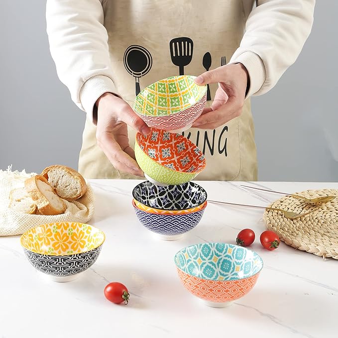 Metahom Dessert Bowls, Small Colorful Bowls 10 Oz, Ceramic Bowl Set for Ice Cream, Decorative Bowls for Snack Soup Condiments, Side Dishes, Set of 6