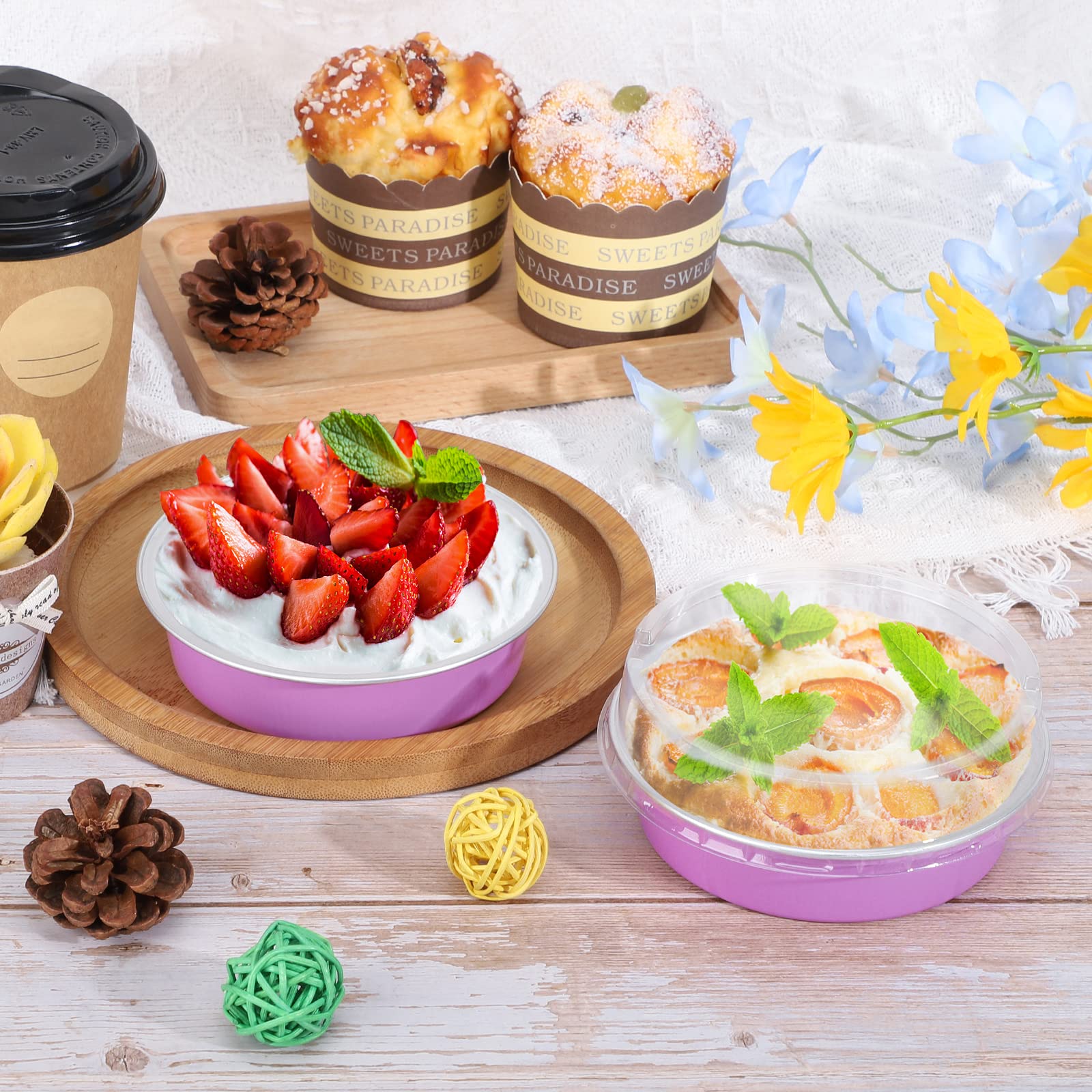 Beasea Disposable Mini Pans with Lids, 100 Pack 4” 8oz Light Pink Aluminum Baking Foil Tins Round Small Tart Container for Individual Cupcake Dessert Muffin Ramekin Cheesecake Quiche Oven Dishes