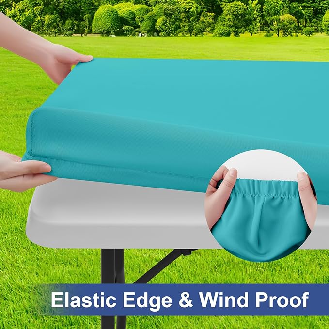 homing Rectangle Table Cloth Cover, Water-Resistant Polyester Elastic Fitted Tablecloth, Fits for 4 Foot Folding Tables, Washable Table Protector for Picnic, Camping, Outdoor (Turquoise, 24" x 48")